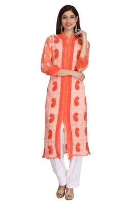 Orange Embroidered Faux Georgette Chikankari Kurti  2