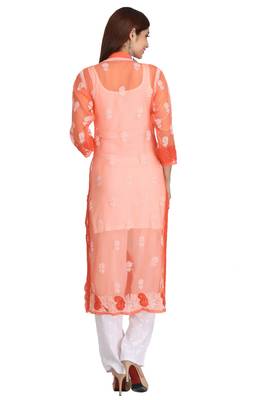 Orange Embroidered Faux Georgette Chikankari Kurti  3