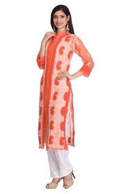 Orange Embroidered Faux Georgette Chikankari Kurti  4