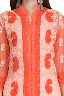 Orange Embroidered Faux Georgette Chikankari Kurti  5