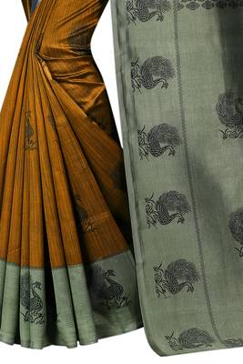 Mustard printed bhagalpuri silk saree with blouse 2