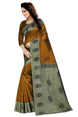 Mustard printed bhagalpuri silk saree with blouse 3