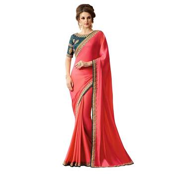 Pink embroidered satin saree with blouse 1
