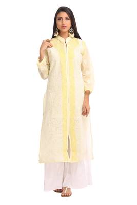 Lemon Embroidered Cotton Chikankari Kurti 1