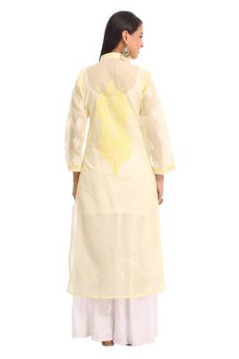 Lemon Embroidered Cotton Chikankari Kurti 2