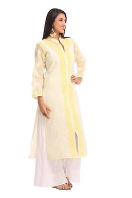 Lemon Embroidered Cotton Chikankari Kurti 3