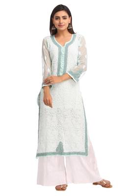 Sea Green Embroidered Faux Georgette Chikankari Kurti 1