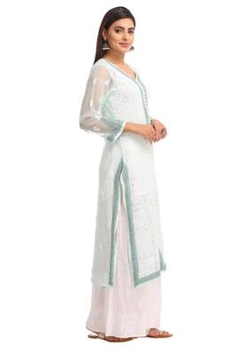 Sea Green Embroidered Faux Georgette Chikankari Kurti 3