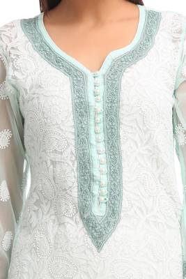 Sea Green Embroidered Faux Georgette Chikankari Kurti 4
