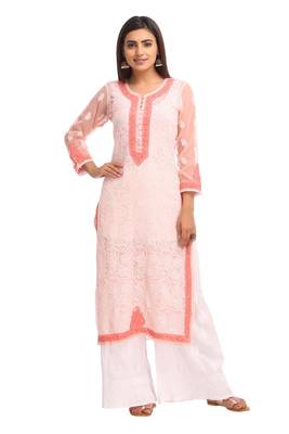 Peach Embroidered Faux Georgette Chikankari Kurti 1