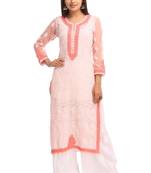 Peach Embroidered Faux Georgette Chikankari Kurti