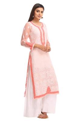 Peach Embroidered Faux Georgette Chikankari Kurti 3