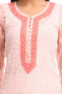 Peach Embroidered Faux Georgette Chikankari Kurti 4