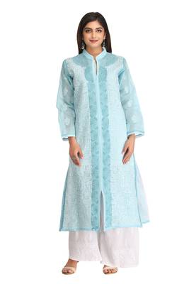 Blue Embroidered Cotton Chikankari Kurti 2
