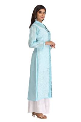 Blue Embroidered Cotton Chikankari Kurti 4