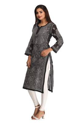 Black Embroidered Cotton Chikankari Kurti 3