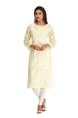Lemon Embroidered Cotton Chikankari Kurti 1