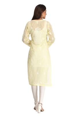 Lemon Embroidered Cotton Chikankari Kurti 2