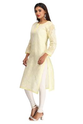 Lemon Embroidered Cotton Chikankari Kurti 3