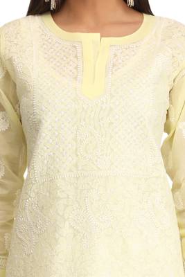 Lemon Embroidered Cotton Chikankari Kurti 4