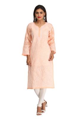 Peach Embroidered Cotton Chikankari Kurti  1