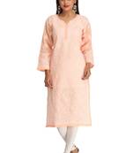 Peach Embroidered Cotton Chikankari Kurti 