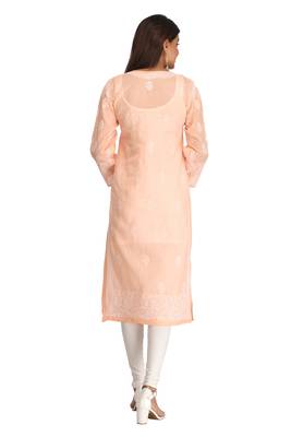 Peach Embroidered Cotton Chikankari Kurti  2