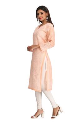 Peach Embroidered Cotton Chikankari Kurti  3