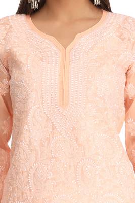 Peach Embroidered Cotton Chikankari Kurti  4