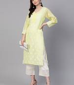Ada Hand Crafted Lemon Cotton Lucknowi Chikankari Indian Women Kurta - A100355