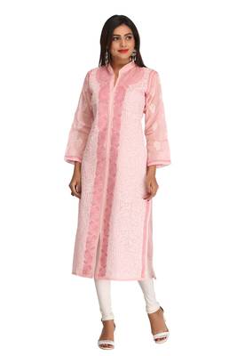 Peach Embroidered Cotton Chikankari Kurti 1