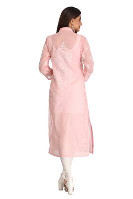 Peach Embroidered Cotton Chikankari Kurti 2