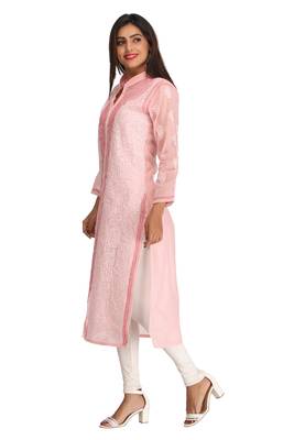Peach Embroidered Cotton Chikankari Kurti 3