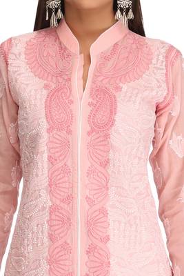 Peach Embroidered Cotton Chikankari Kurti 4