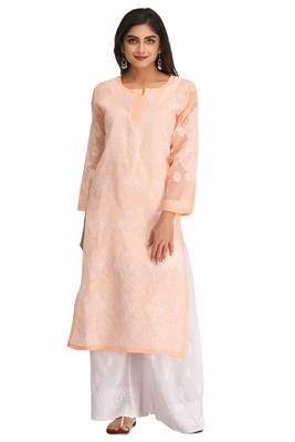 Peach Embroidered Cotton Chikankari Kurti 1