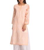 Peach Embroidered Cotton Chikankari Kurti