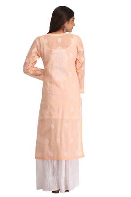 Peach Embroidered Cotton Chikankari Kurti 2