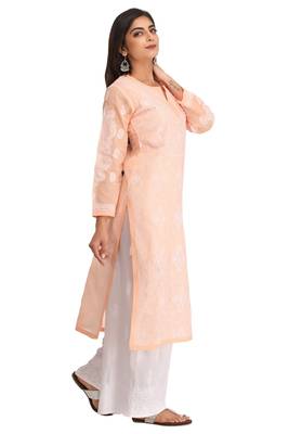 Peach Embroidered Cotton Chikankari Kurti 3