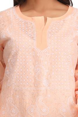Peach Embroidered Cotton Chikankari Kurti 4