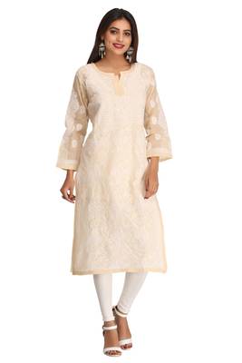 Fawn Embroidered Cotton Chikankari Kurti  1