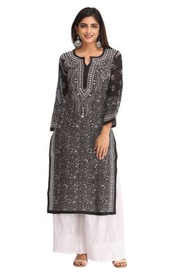 Black Embroidered Cotton Chikankari Kurti  1