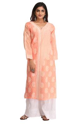Peach Embroidered Cotton Chikankari Kurti  1