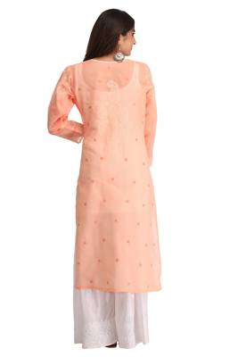 Peach Embroidered Cotton Chikankari Kurti  2
