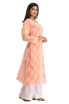 Peach Embroidered Cotton Chikankari Kurti  3