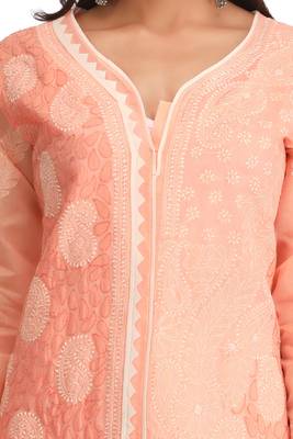 Peach Embroidered Cotton Chikankari Kurti  4