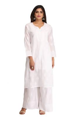 Ada Hand Embroidered White Cotton Lucknow Chikan kurta 2