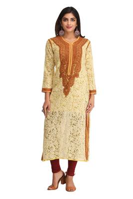 Ada Hand Embroidered Yellow Georgette Lucknow Chikan Kurta - A237444 1