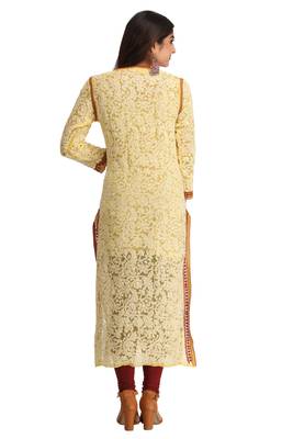 Ada Hand Embroidered Yellow Georgette Lucknow Chikan Kurta - A237444 2