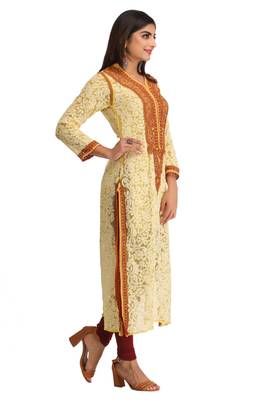 Ada Hand Embroidered Yellow Georgette Lucknow Chikan Kurta - A237444 3