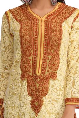 Ada Hand Embroidered Yellow Georgette Lucknow Chikan Kurta - A237444 4